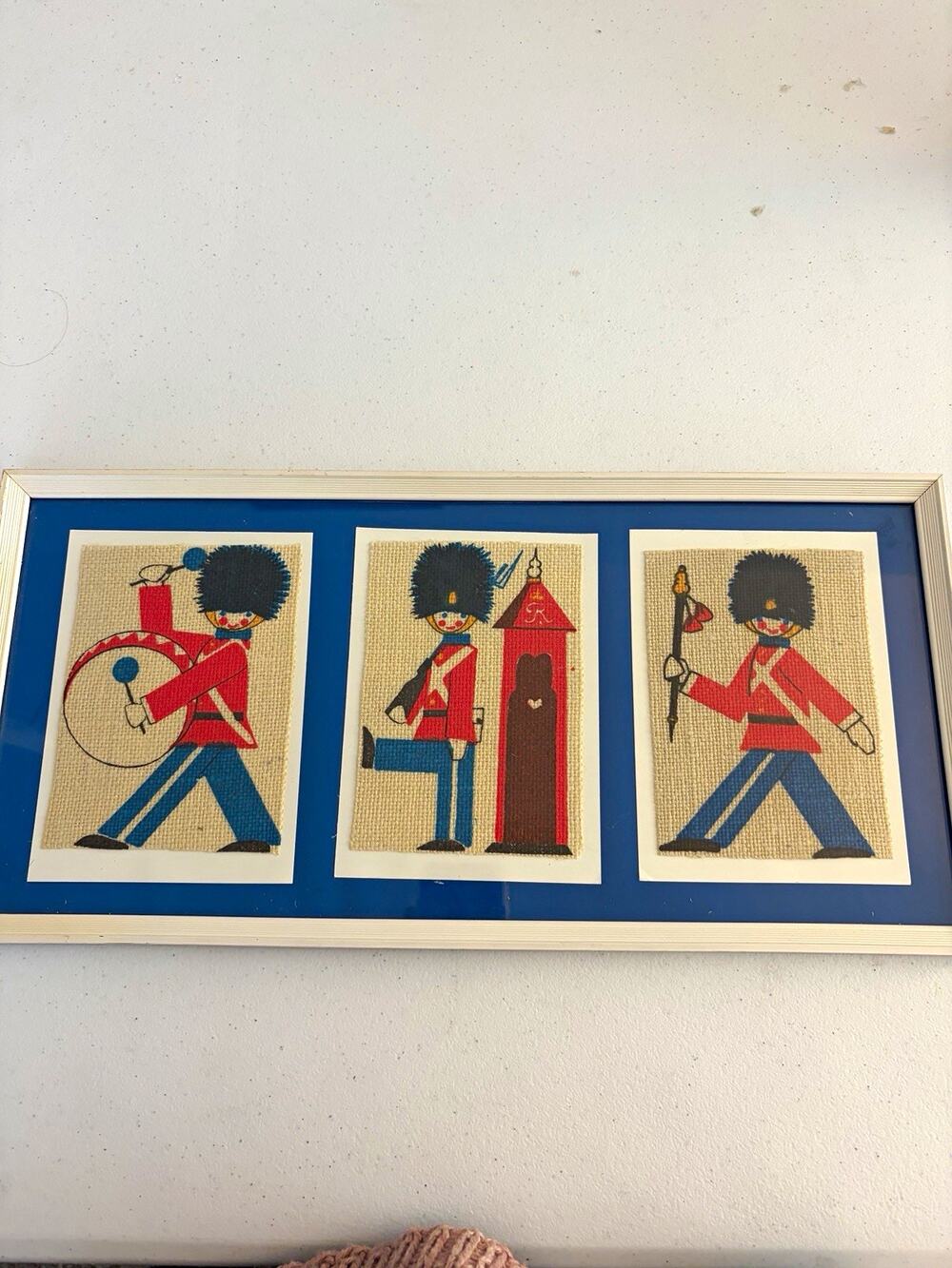 Vintage Mid-Century Scandinavian Royal Guard Triptych Framed Burlap Textile Art